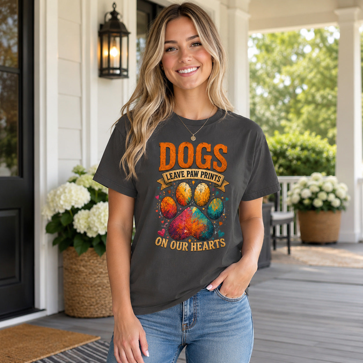 Woman standing on a porch surrounded by flowers, wearing graphite 'Dogs Leave Paw Prints On Our Hearts' t-shirt