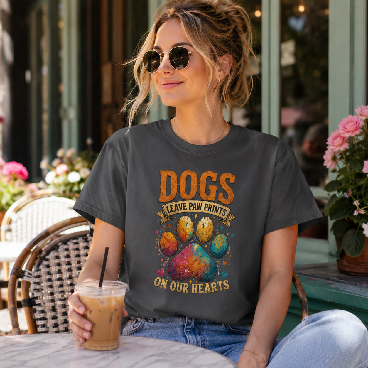 Woman walking a street with sunglasses holding iced coffee, wearing graphite 'Dogs Leave Paw Prints On Our Hearts' t-shirt