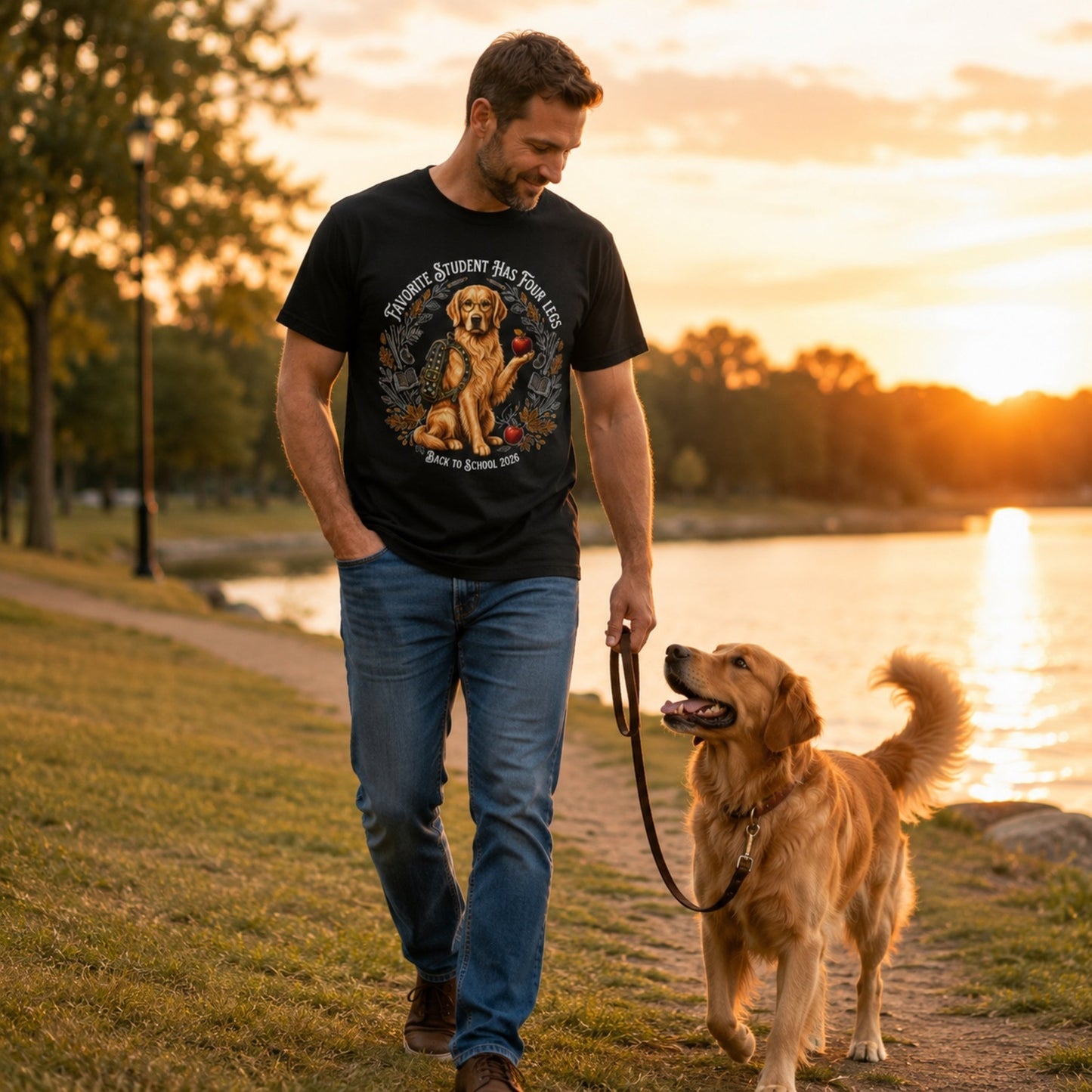 Man wearing a black Favorite Student Has Four Legs Golden Retriever T-shirt while walking a Golden Retriever by the lakeside.