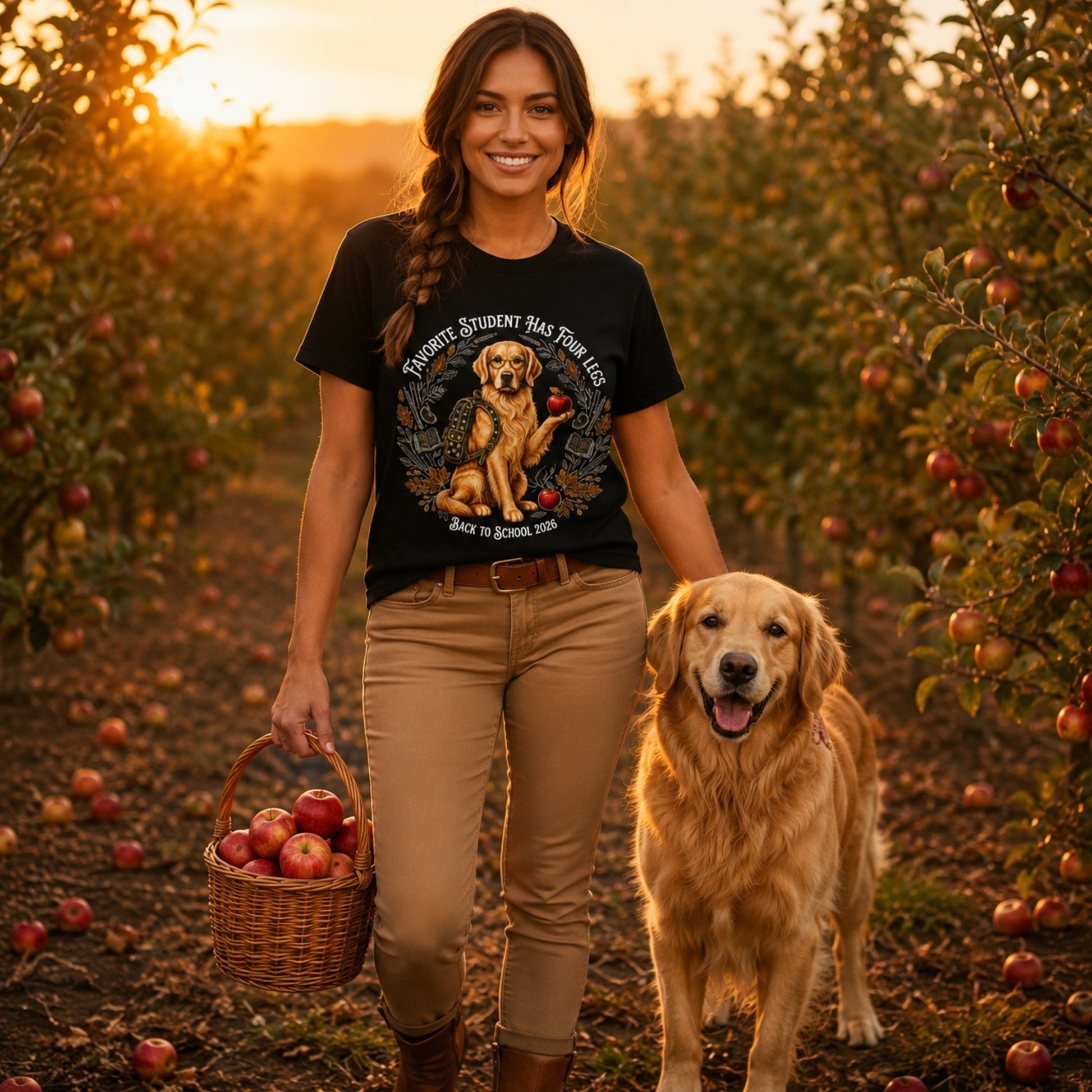 Woman wearing a black Favorite Student Has Four Legs Golden Retriever back to school T-shirt in an apple orchard with a Golden Retriever.