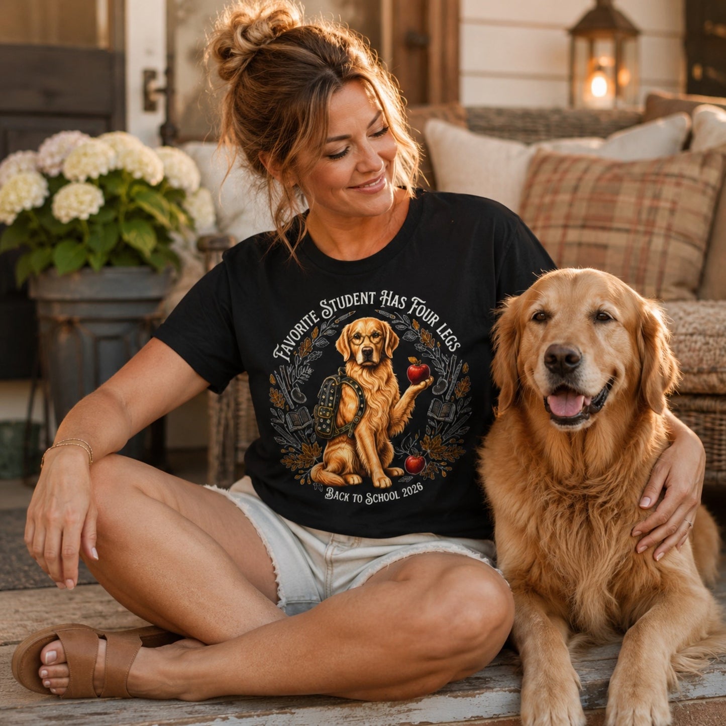 Woman sitting on a porch wearing a black Favorite Student Has Four Legs Golden Retriever teacher T-shirt with a Golden Retriever dog.