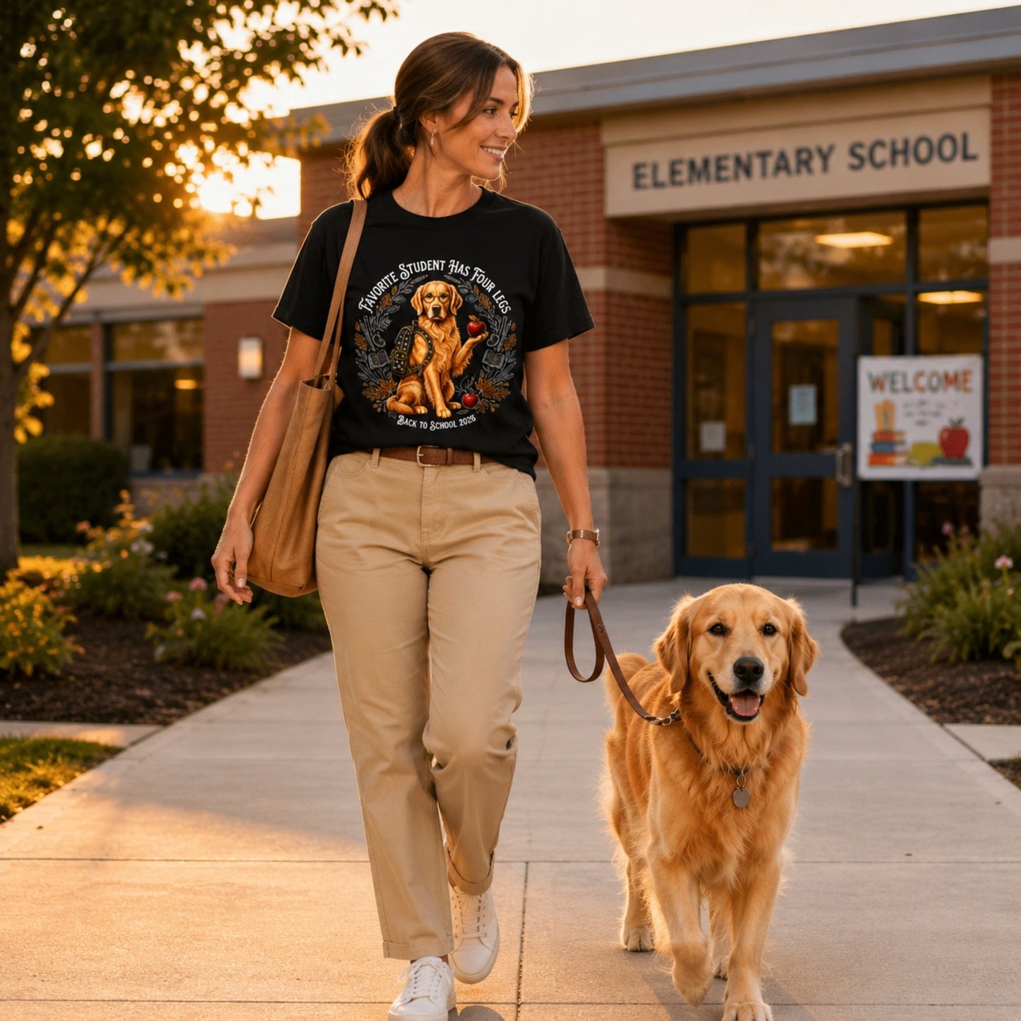 Woman carrying a tote bag while wearing a black Favorite Student Has Four Legs Golden Retriever teacher T-shirt outside an elementary school.