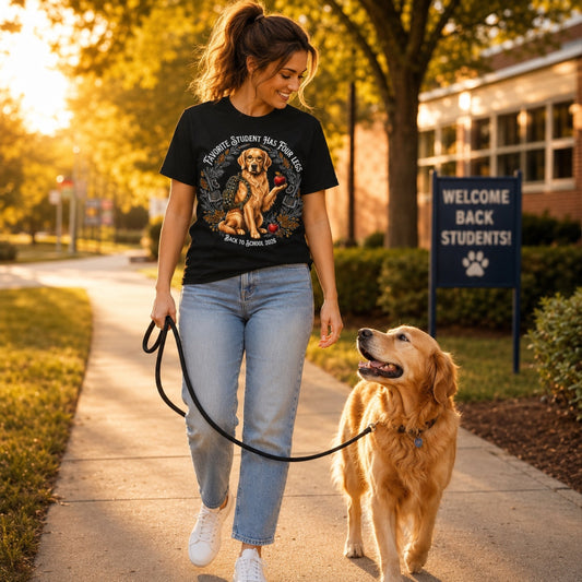Woman wearing a black Favorite Student Has Four Legs Golden Retriever teacher T-shirt while walking a Golden Retriever near a school.