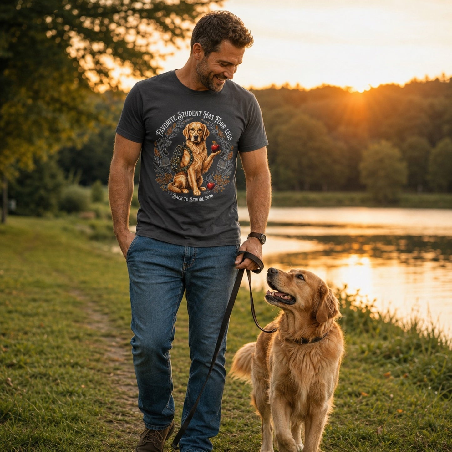Man wearing a graphite Favorite Student Has Four Legs Golden Retriever T-shirt while walking a Golden Retriever by the lakeside.