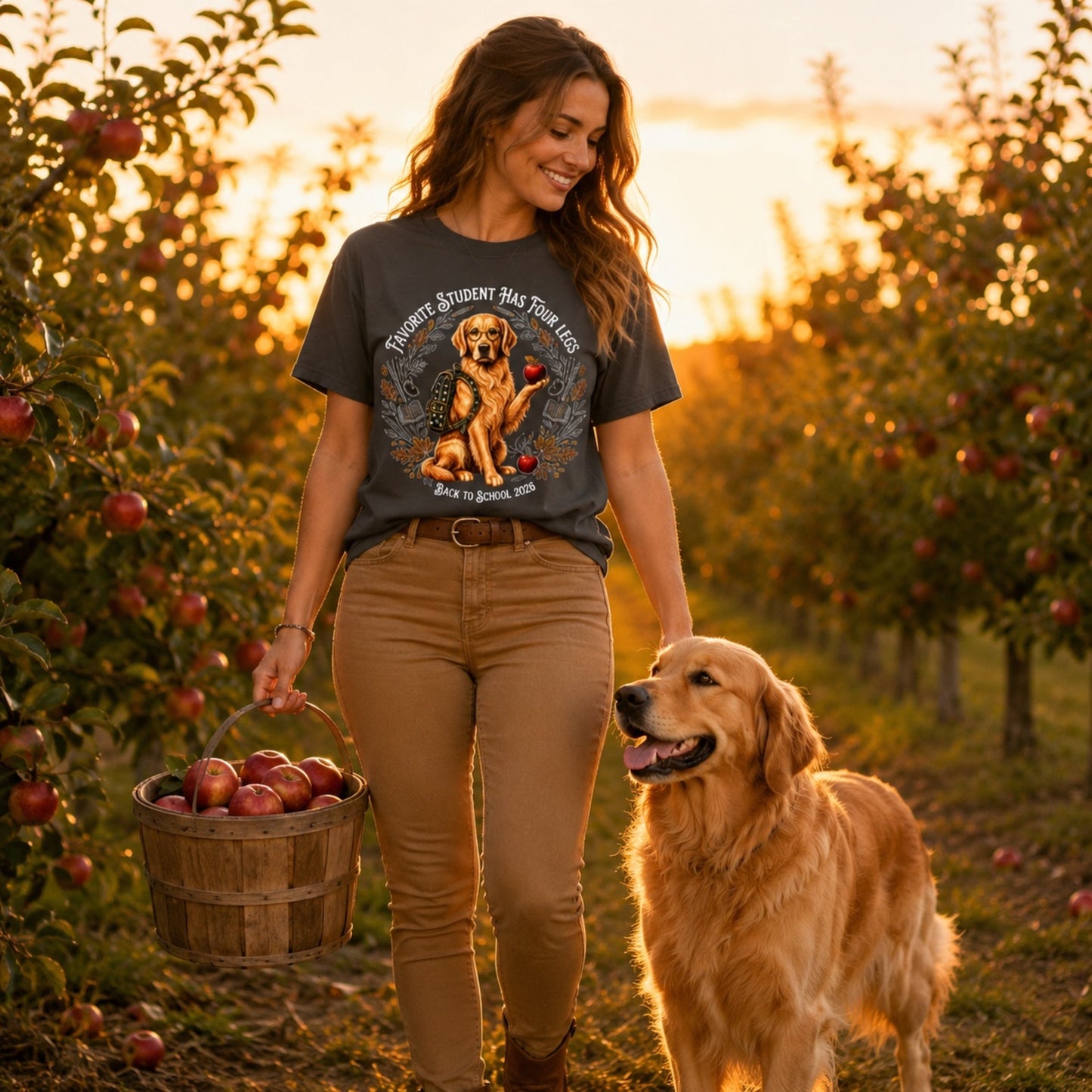 Woman wearing a graphite Favorite Student Has Four Legs Golden Retriever back to school T-shirt in an apple orchard with a Golden Retriever.