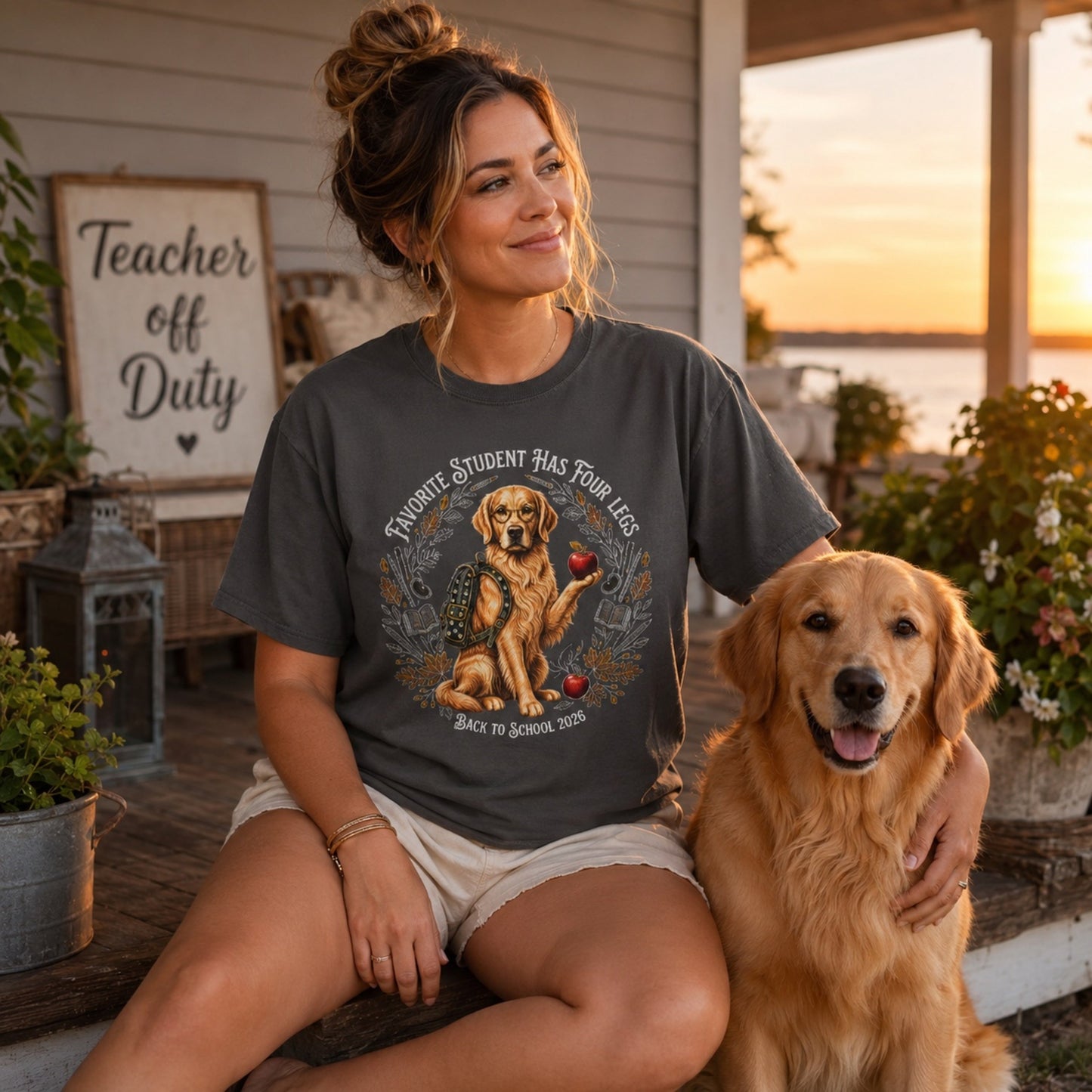 Woman sitting on a porch wearing a graphite Favorite Student Has Four Legs Golden Retriever teacher T-shirt with a Golden Retriever dog.