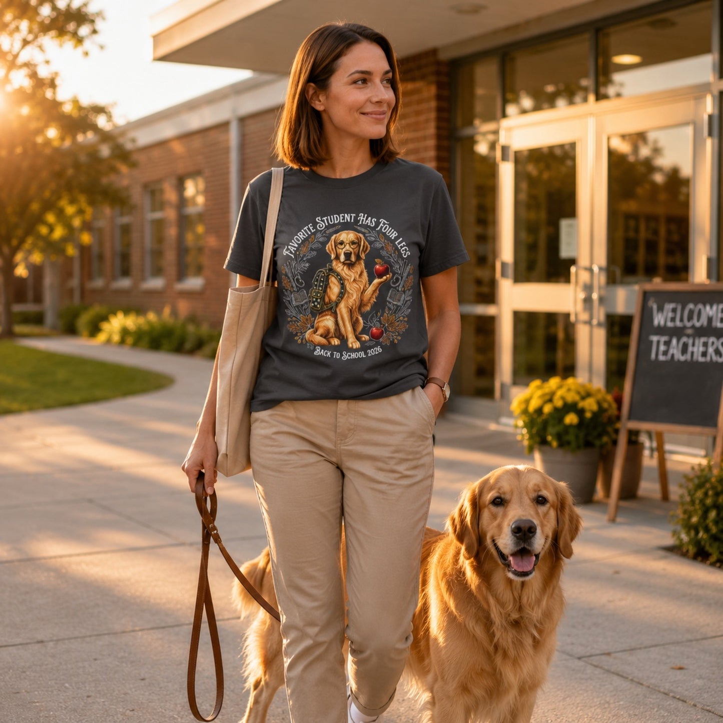Woman carrying a tote bag while wearing a graphite Favorite Student Has Four Legs Golden Retriever teacher T-shirt outside a school.