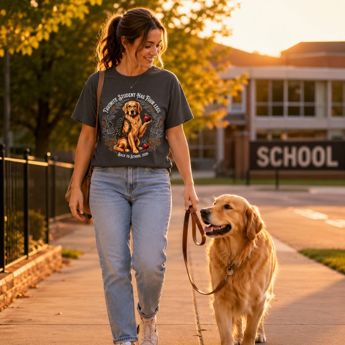Woman wearing a graphite Favorite Student Has Four Legs Golden Retriever teacher T-shirt while walking a Golden Retriever near a school.