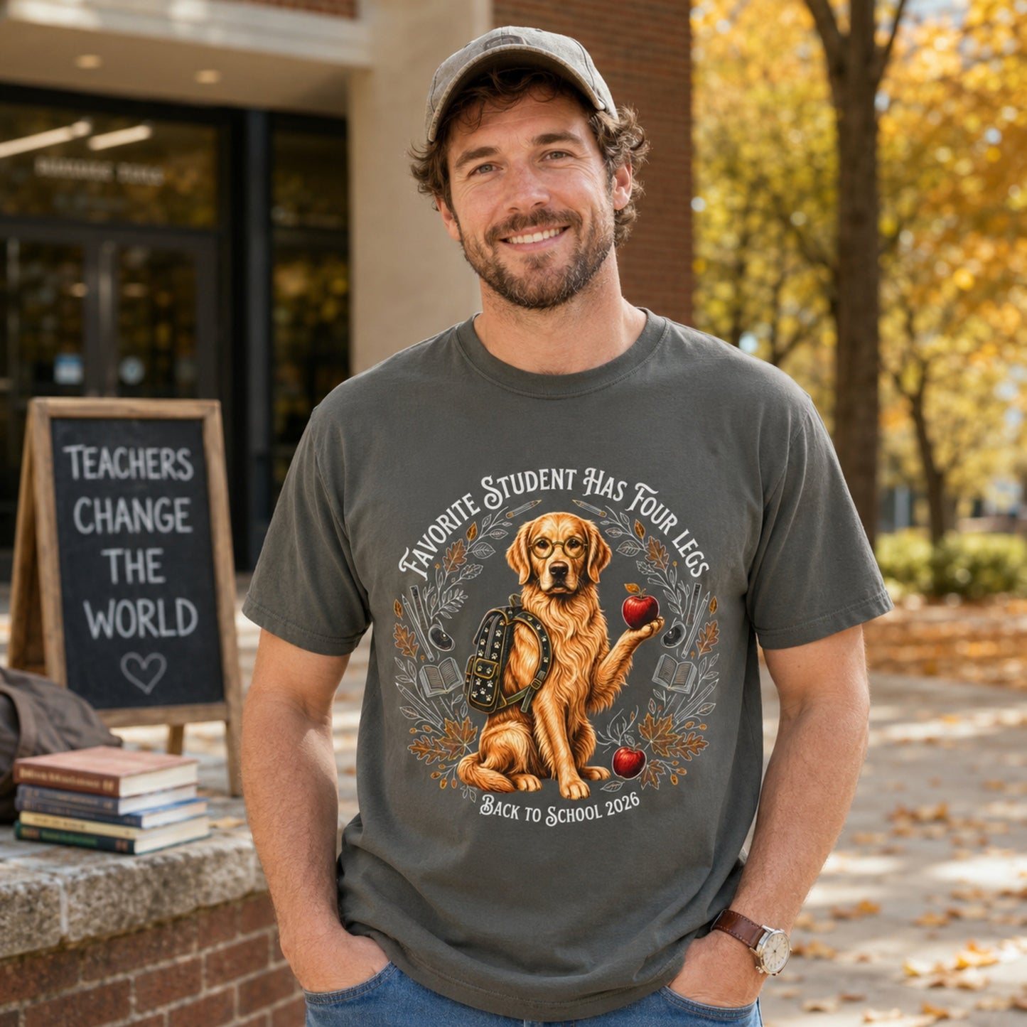 Man wearing a Pepper Favorite Student Has Four Legs Golden Retriever back to school T-shirt in an autumn school setting.