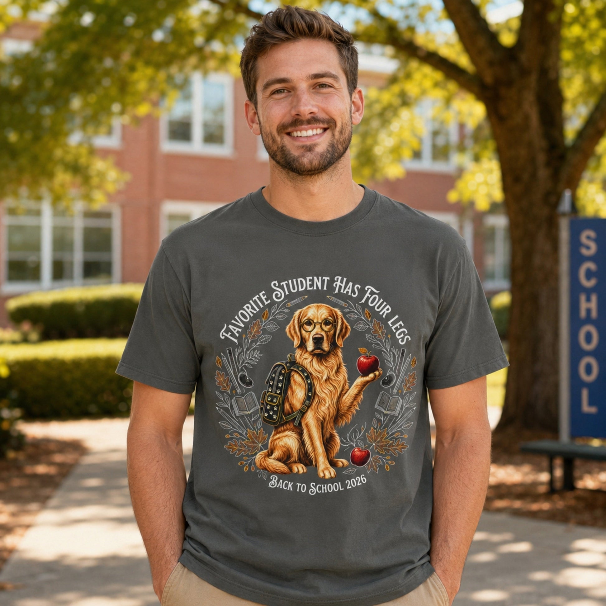 Man teacher wearing a Pepper Favorite Student Has Four Legs Golden Retriever T-shirt on a school campus.