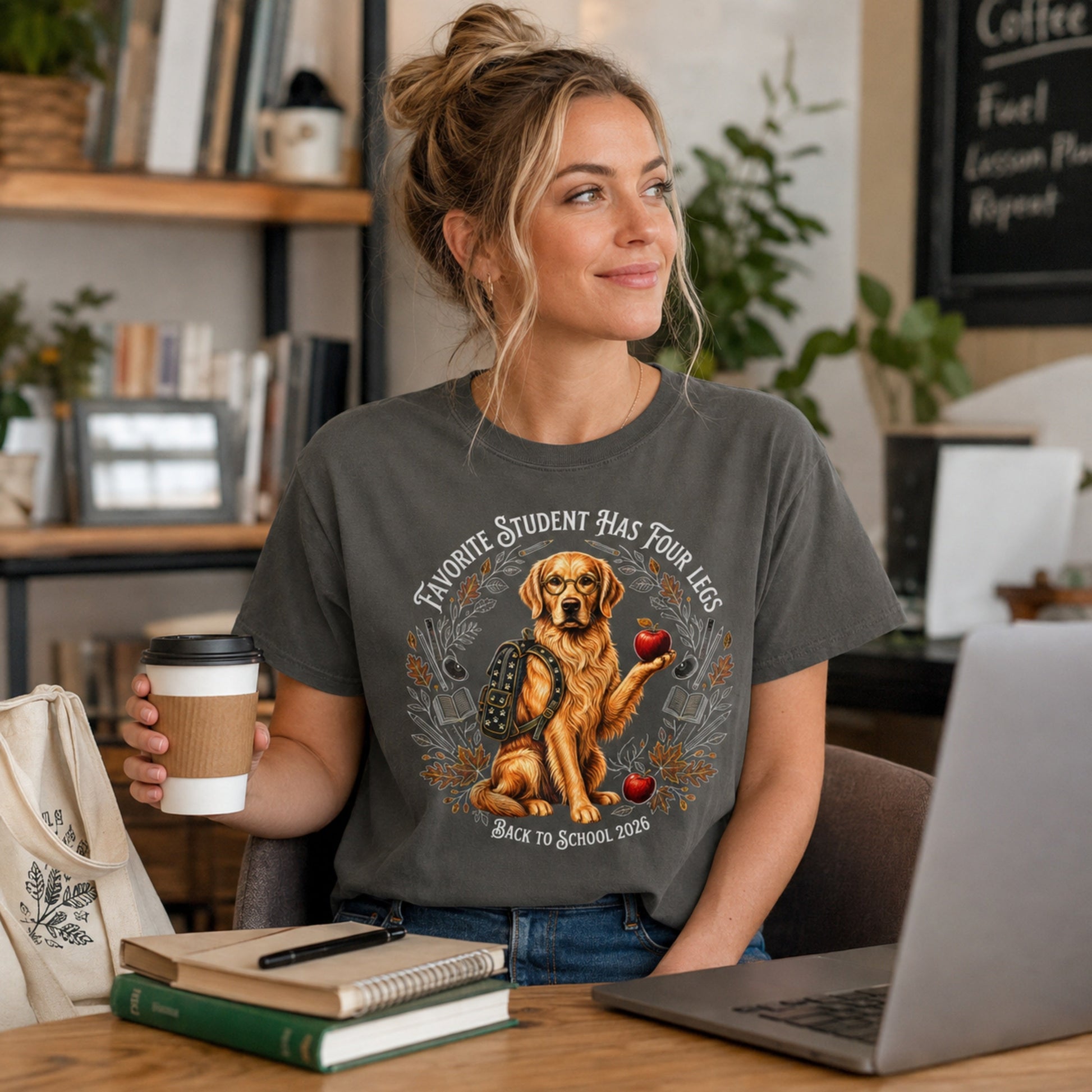 Woman holding coffee beside books and laptop while wearing a Pepper Favorite Student Has Four Legs Golden Retriever teacher T-shirt.