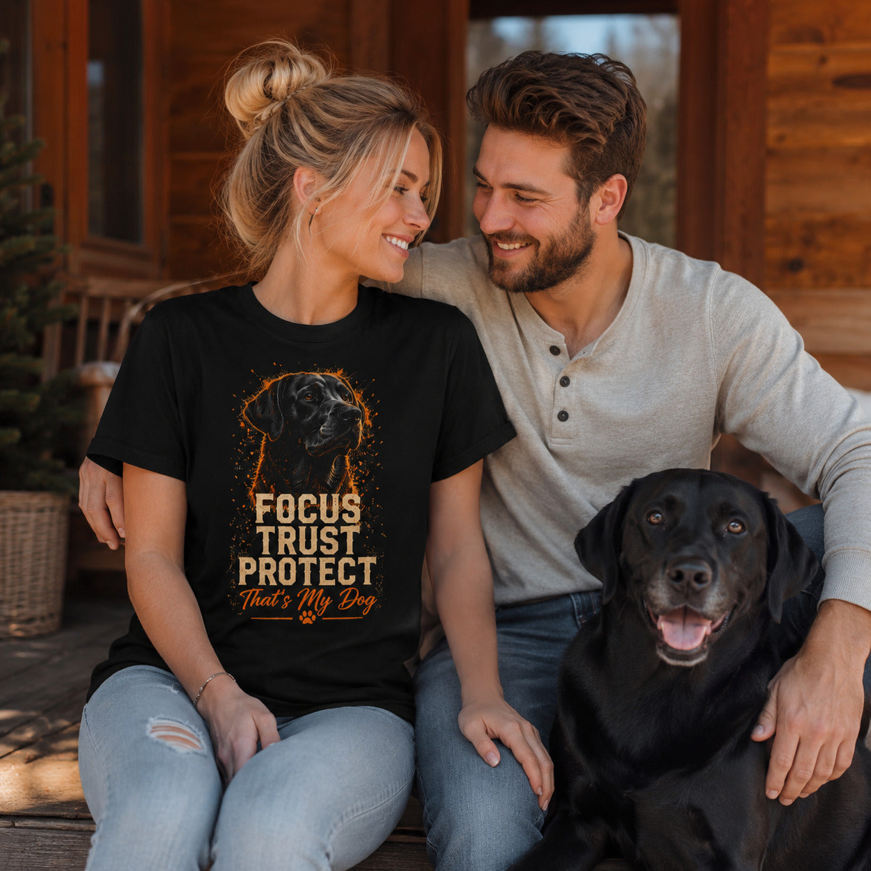Couple sitting on a porch with their black Labrador, wearing black 'Focus Trust Protect' t-shirts
