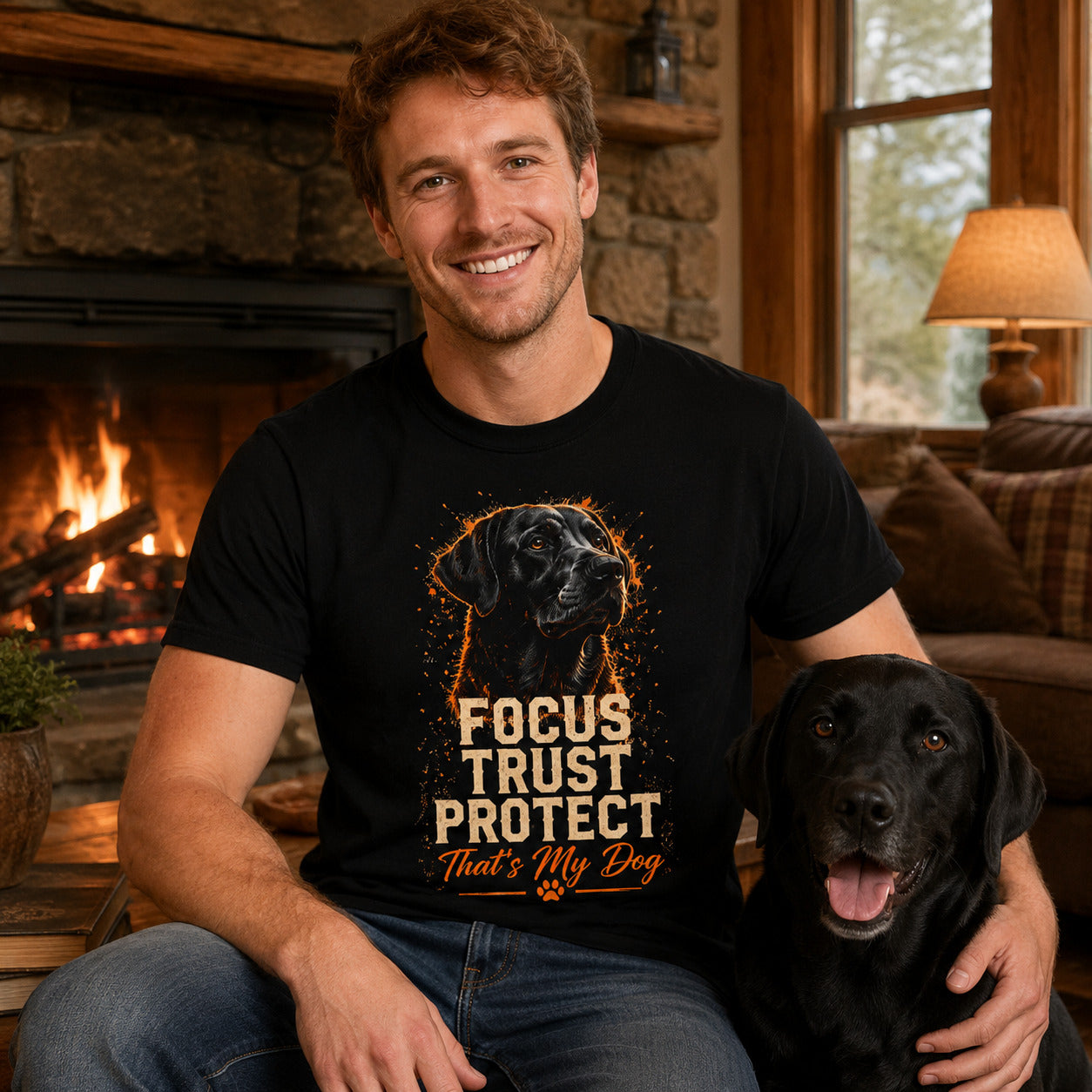 Man sitting by a fireplace with his black Labrador, wearing black 'Focus Trust Protect' t-shirt