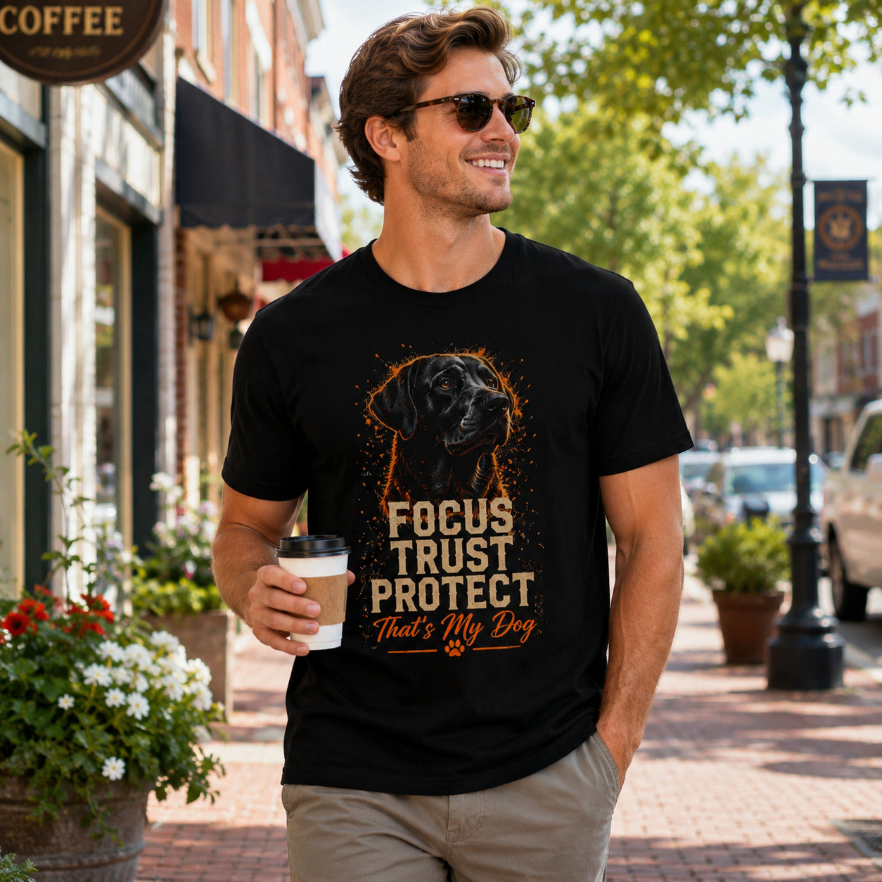 Man walking a street with sunglasses holding coffee, wearing black 'Focus Trust Protect' black Labrador t-shirt