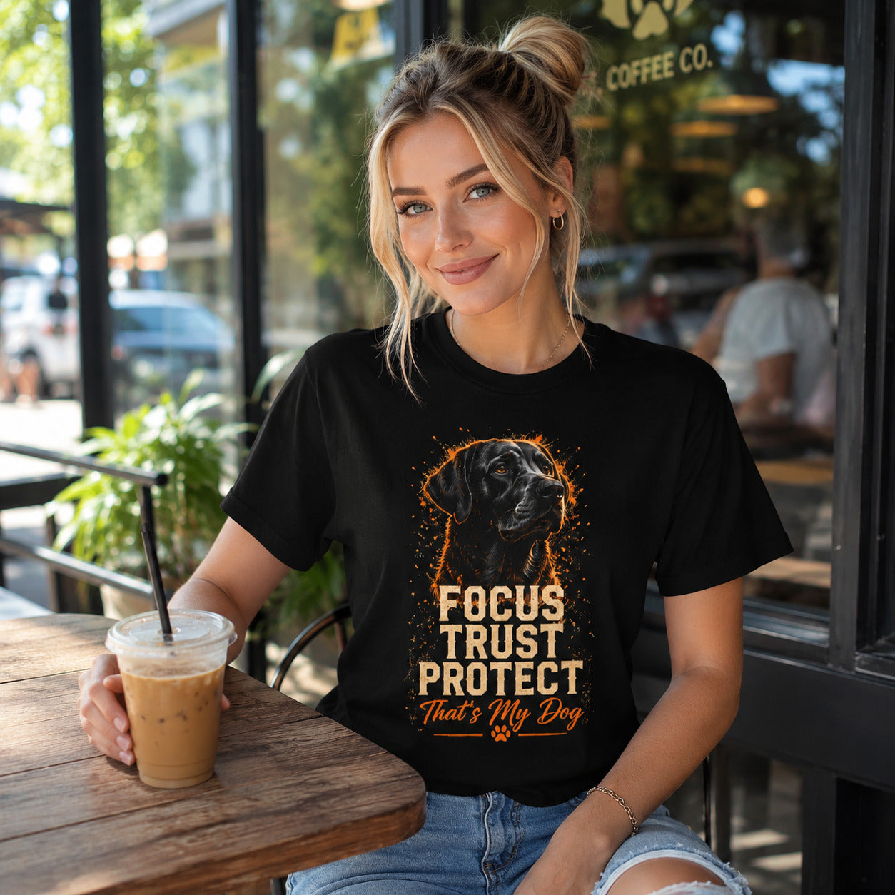 Woman sitting at an outdoor cafe holding iced coffee, wearing black 'Focus Trust Protect' black Labrador t-shirt