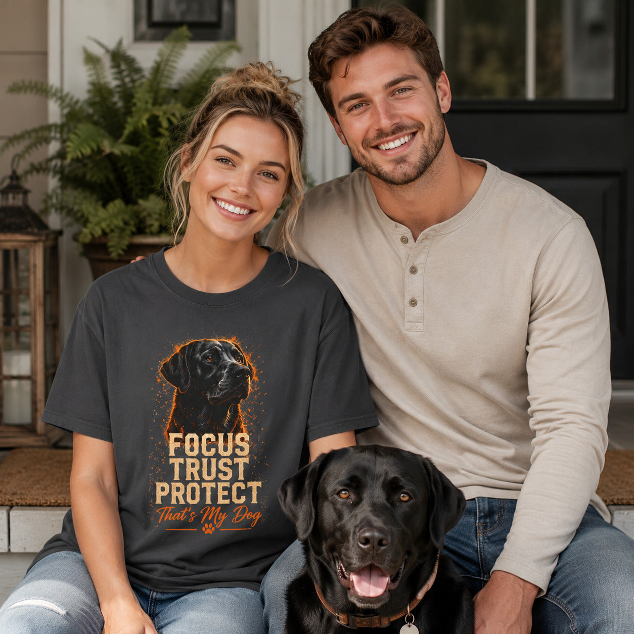 Couple sitting on a porch with their black Labrador, wearing graphite 'Focus Trust Protect' t-shirts