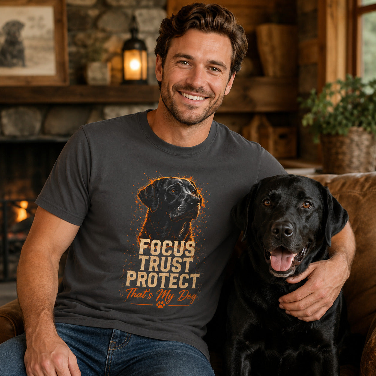 Man sitting by a fireplace with his black Labrador, wearing graphite 'Focus Trust Protect' t-shirt