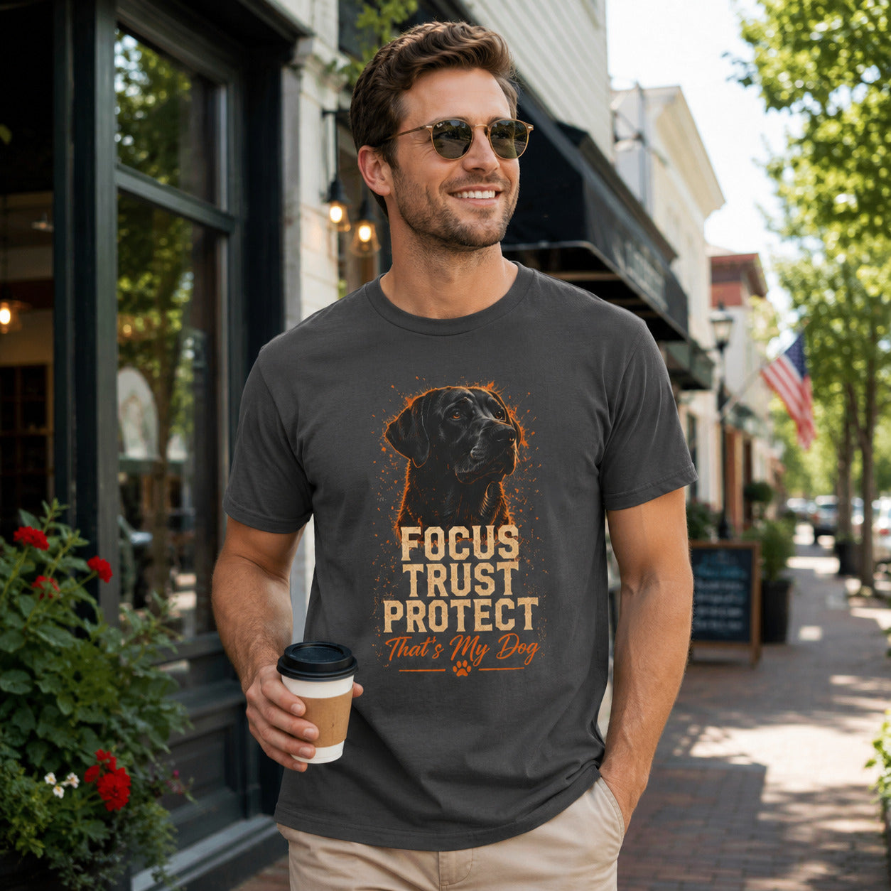 Man walking a street with sunglasses holding coffee, wearing graphite 'Focus Trust Protect' black Labrador t-shirt