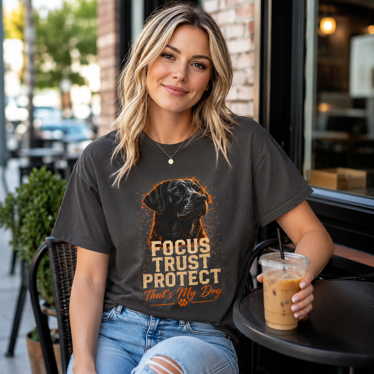 Woman sitting at an outdoor cafe holding iced coffee, wearing graphite 'Focus Trust Protect' black Labrador t-shirt