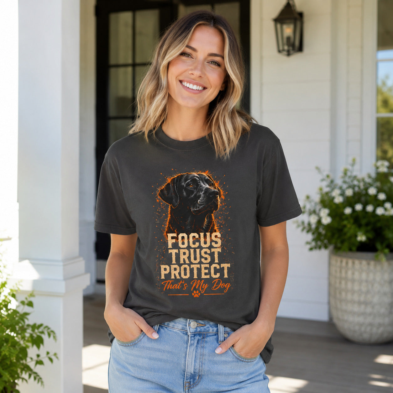 Woman standing on a porch wearing graphite 'Focus Trust Protect That's My Dog' black Labrador t-shirt