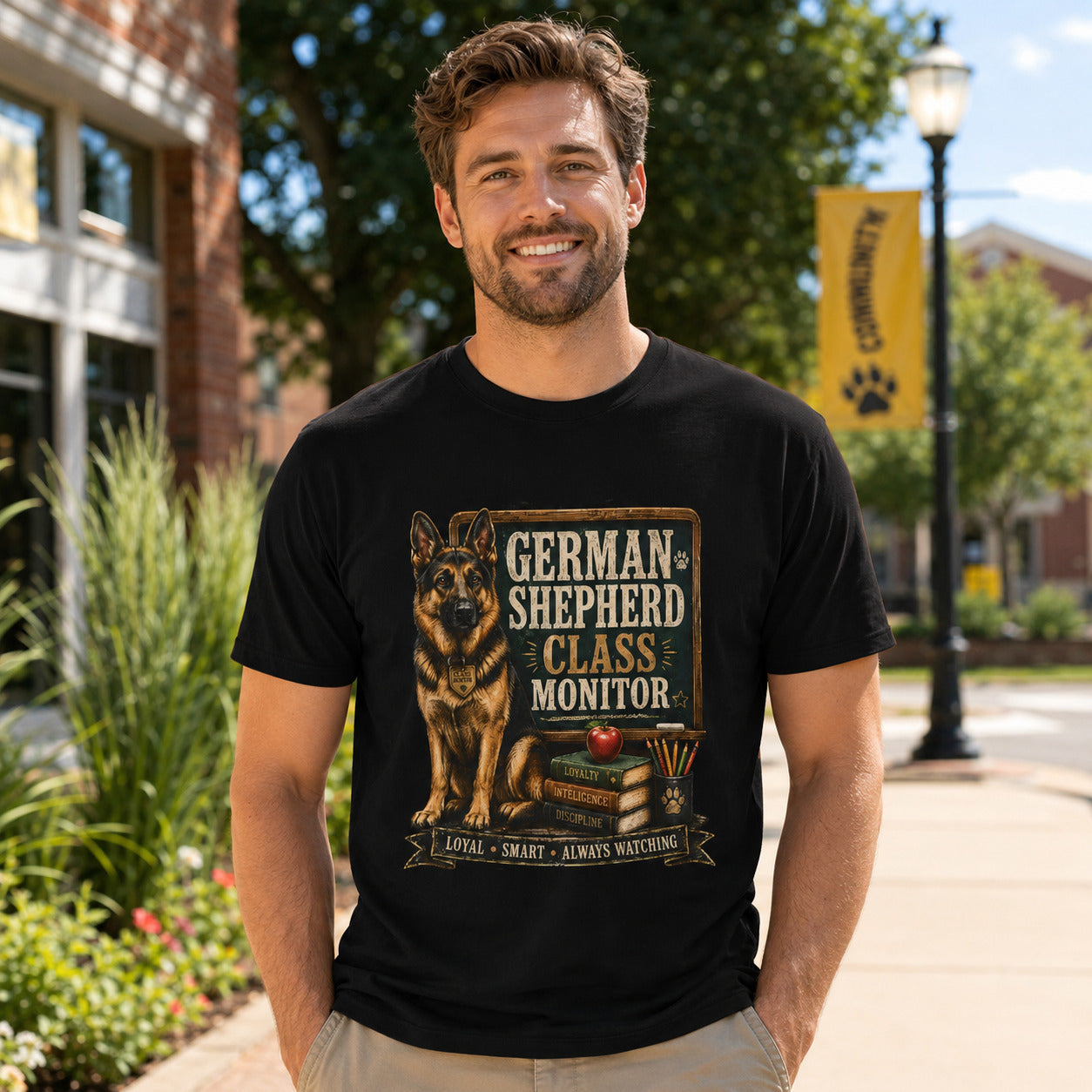 Man standing on a street near a lamppost, wearing black 'German Shepherd Class Monitor' t-shirt