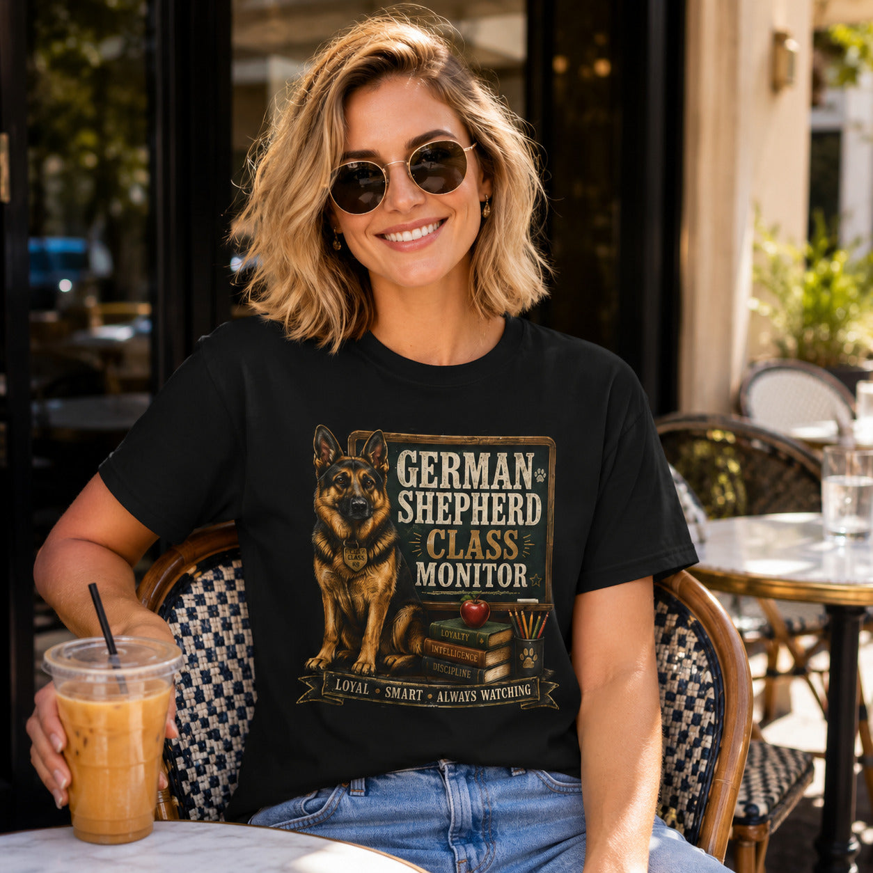 Woman sitting at an outdoor cafe with sunglasses holding iced coffee, wearing black 'German Shepherd Class Monitor' t-shirt