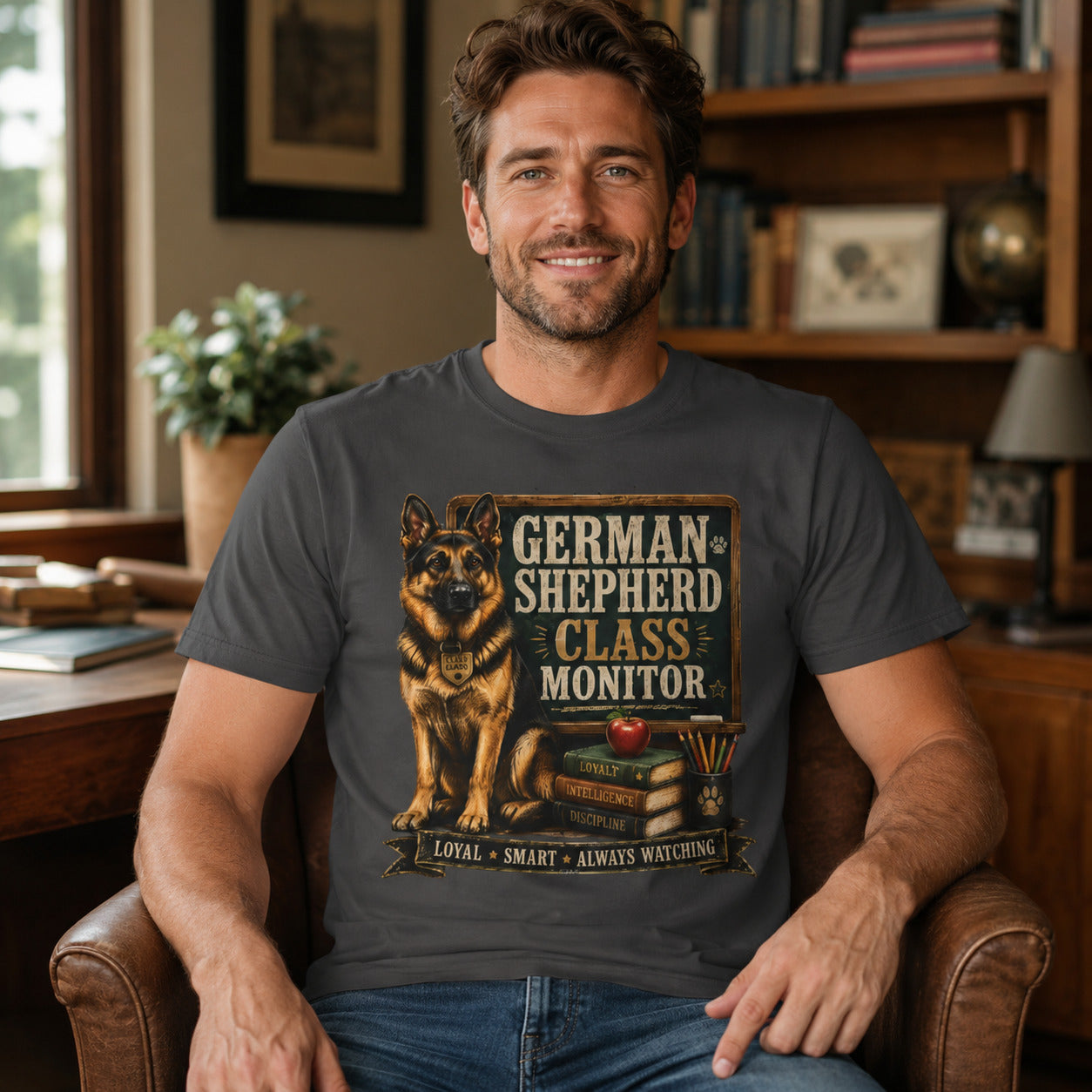 Man sitting at an office desk holding coffee, wearing graphite 'German Shepherd Class Monitor' t-shirt