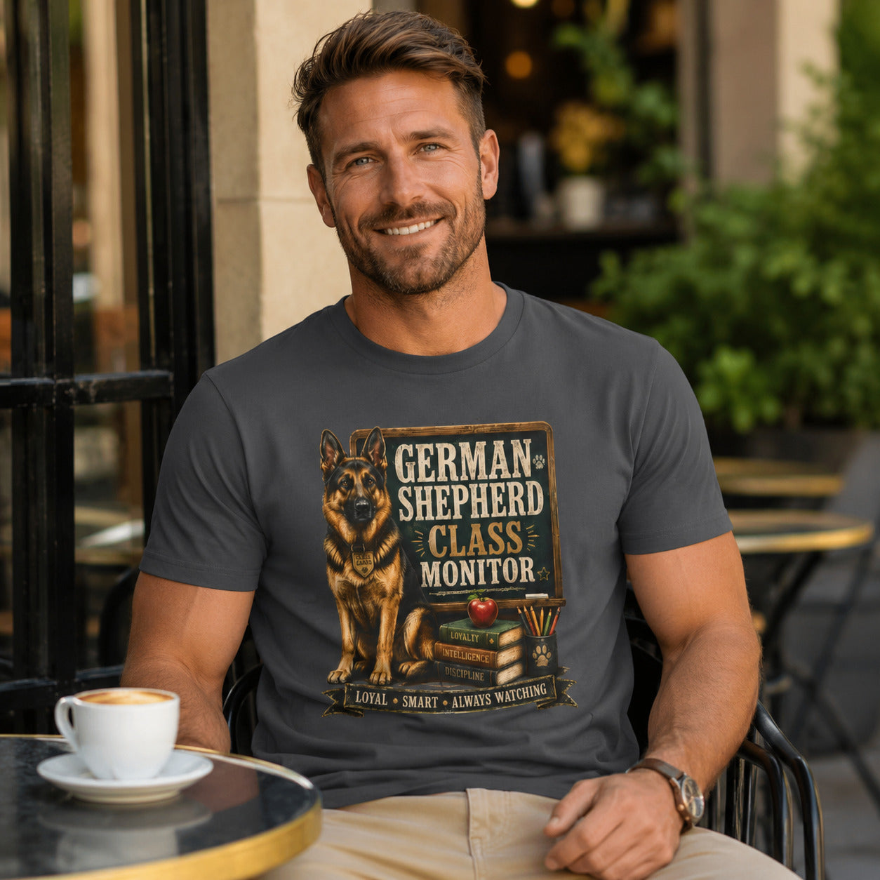 Man sitting at an outdoor cafe table, wearing graphite 'German Shepherd Class Monitor' t-shirt