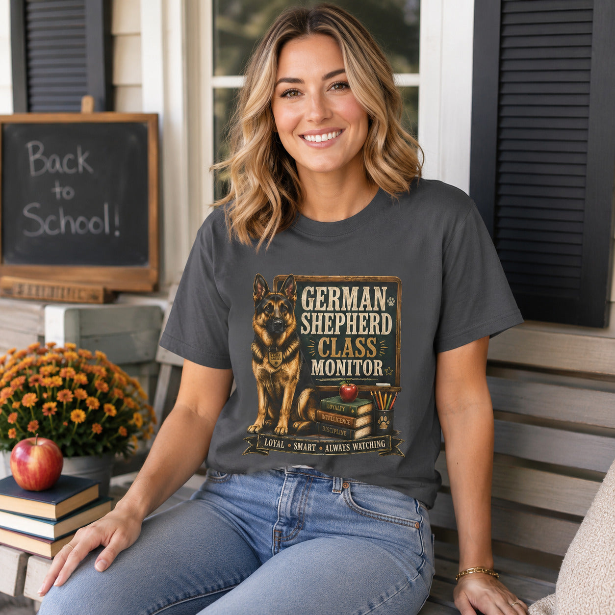 Woman sitting on a porch with books near a 'Back to School' sign, wearing graphite 'German Shepherd Class Monitor' t-shirt