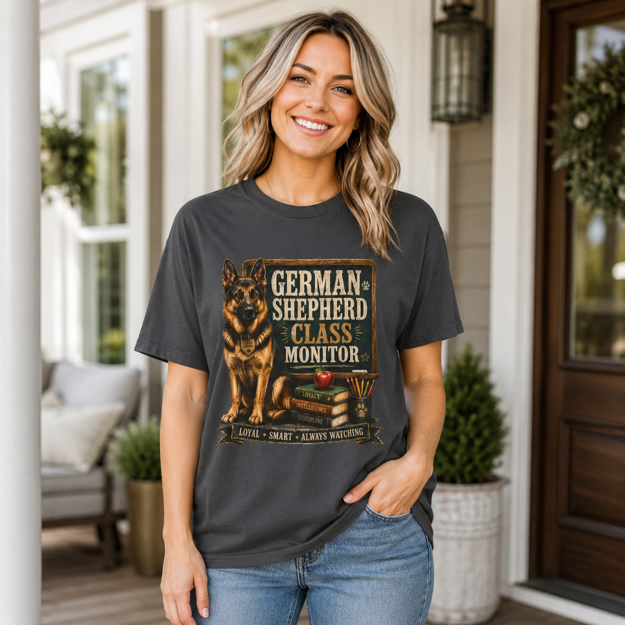 Woman standing on a porch wearing graphite 'German Shepherd Class Monitor' t-shirt