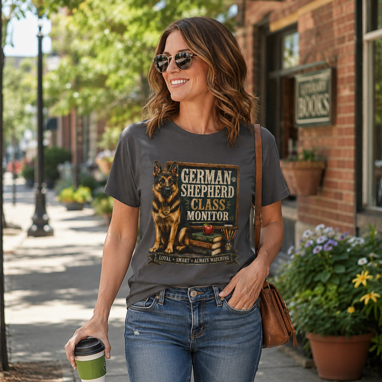 Woman walking a street with sunglasses holding coffee, wearing graphite 'German Shepherd Class Monitor' t-shirt