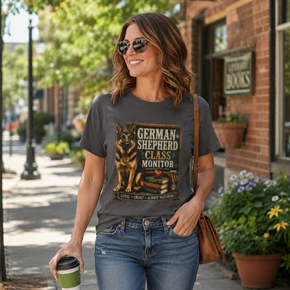 Woman walking a street with sunglasses holding coffee, wearing graphite 'German Shepherd Class Monitor' t-shirt