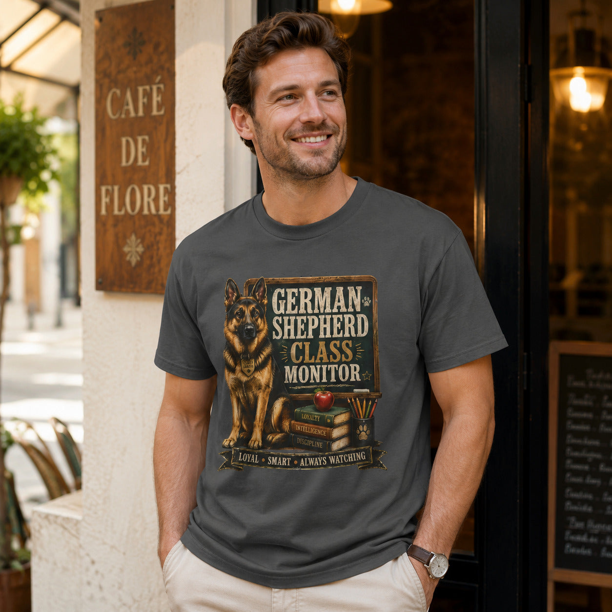Man sitting outside a cafe storefront, wearing pepper 'German Shepherd Class Monitor' t-shirt