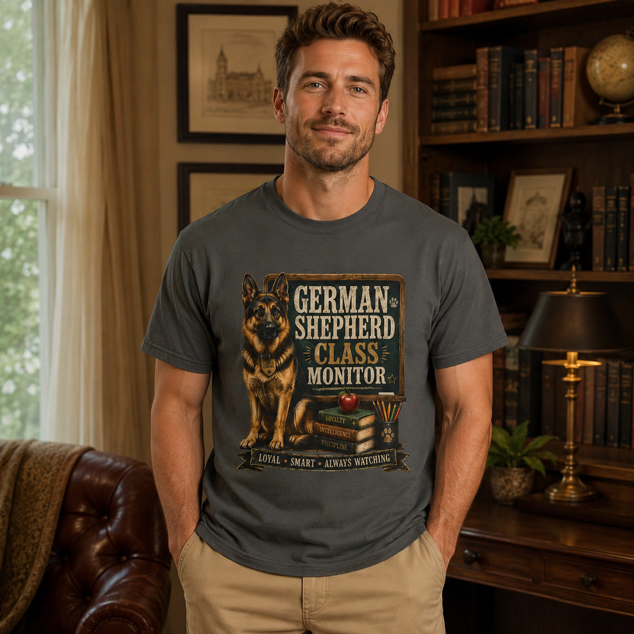 Man standing in a library near bookshelves, wearing pepper 'German Shepherd Class Monitor' t-shirt