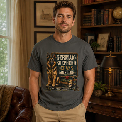 Man standing in a library near bookshelves, wearing pepper 'German Shepherd Class Monitor' t-shirt