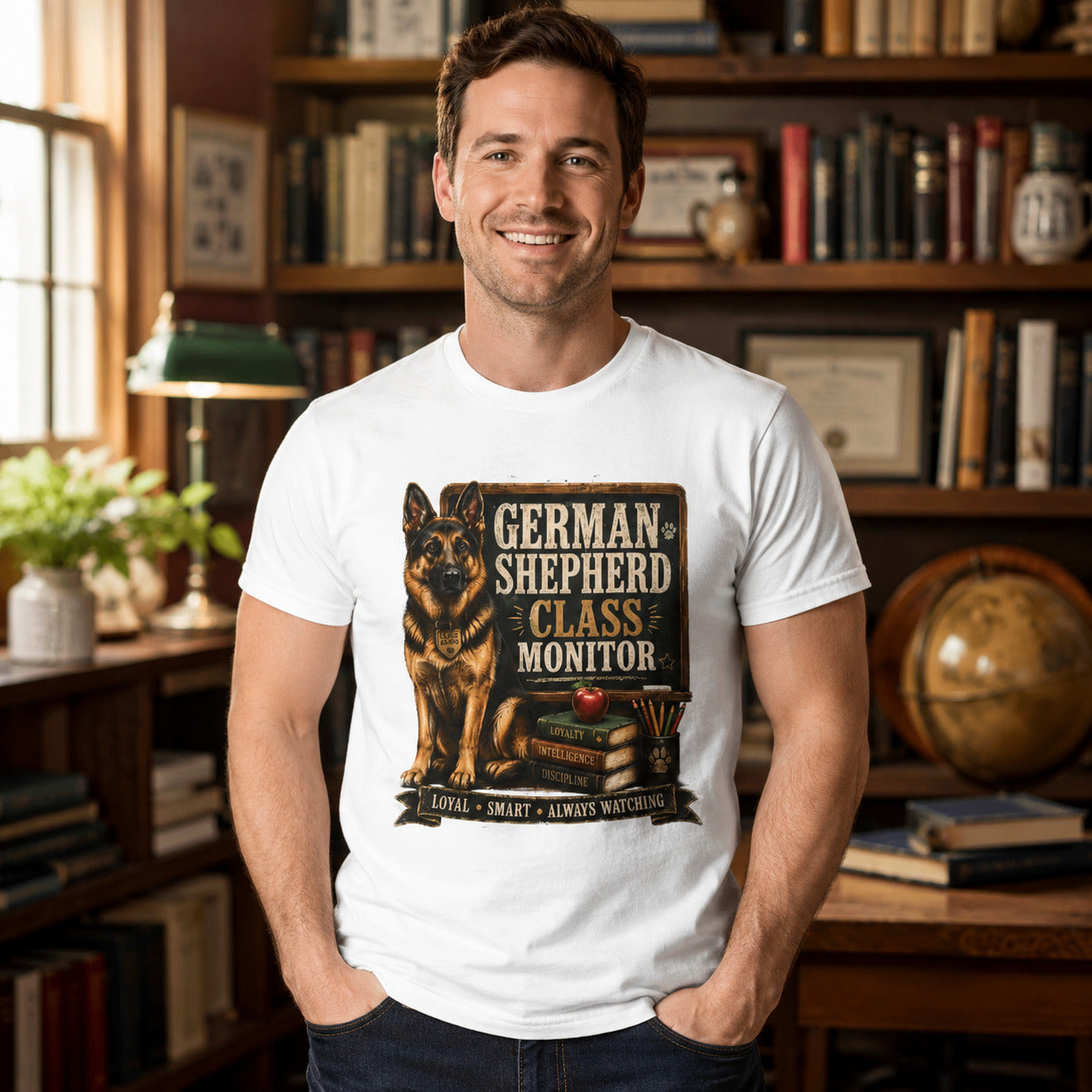 Man standing at a desk surrounded by library bookshelves, wearing white 'German Shepherd Class Monitor' t-shirt