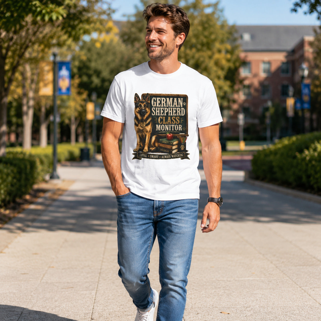 Man walking down a campus street, wearing white 'German Shepherd Class Monitor' t-shirt