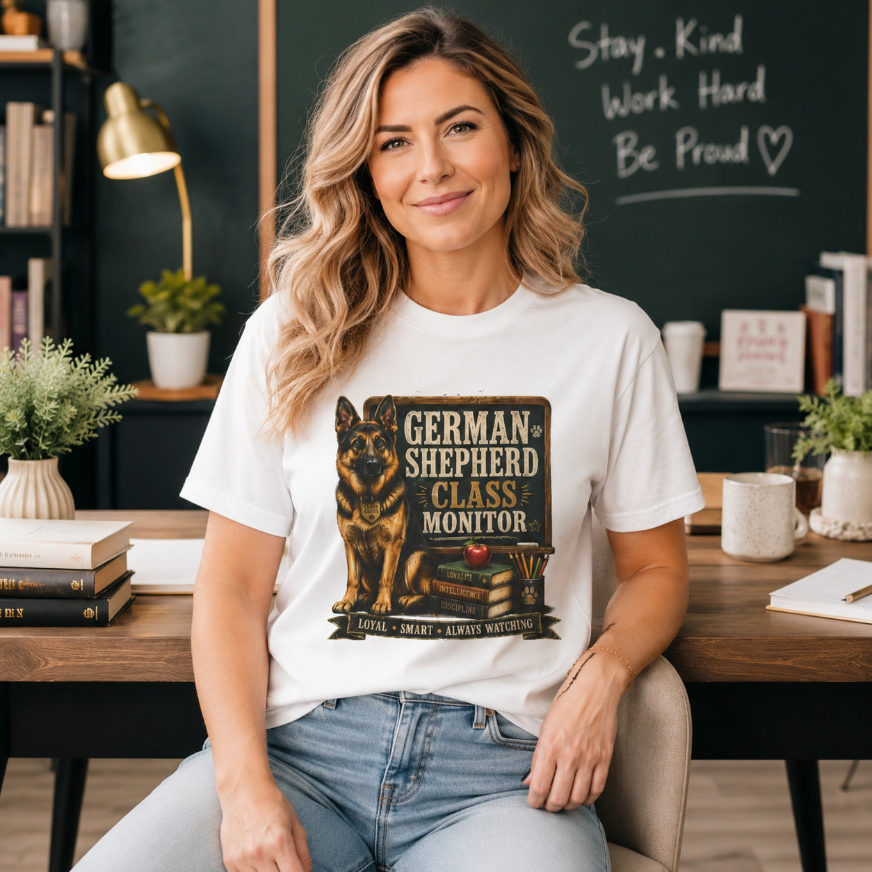 Woman sitting at a desk near a 'Stay Kind, Work Hard, Be Proud' chalkboard, wearing white 'German Shepherd Class Monitor' t-shirt