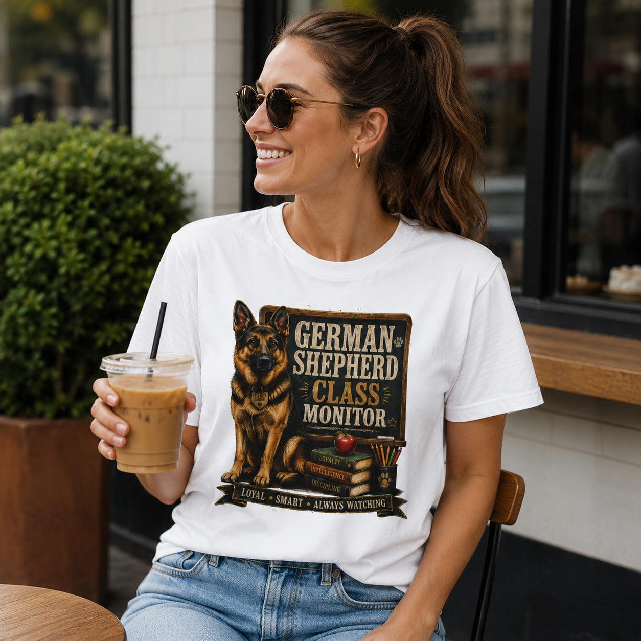 Woman sitting at an outdoor cafe with sunglasses holding iced coffee, wearing white 'German Shepherd Class Monitor' t-shirt