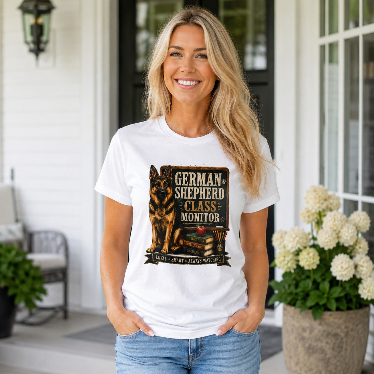 Woman standing on a porch wearing white 'German Shepherd Class Monitor' t-shirt