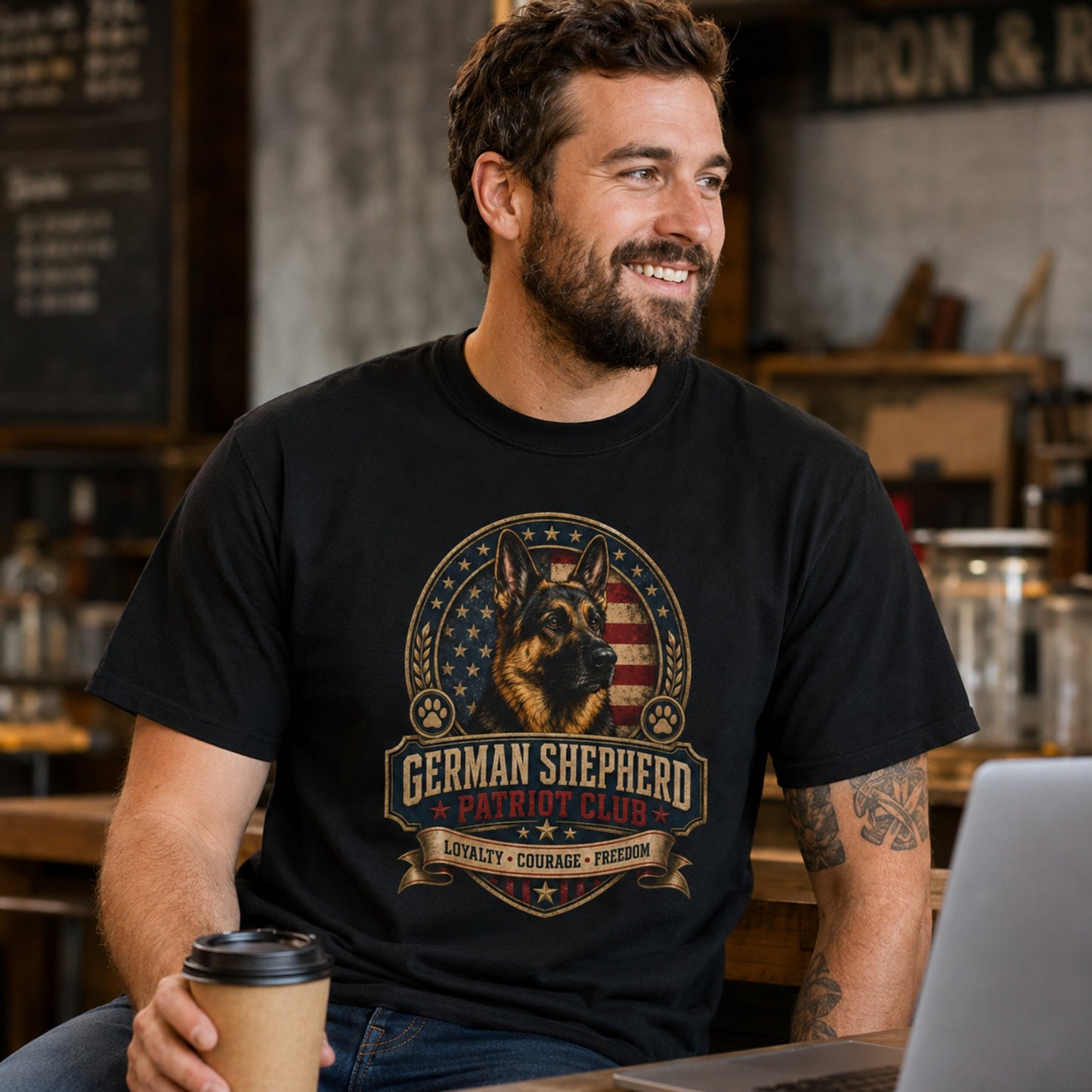 Man wearing a black German Shepherd Patriot Club T-shirt with coffee and laptop in a cafe setting.