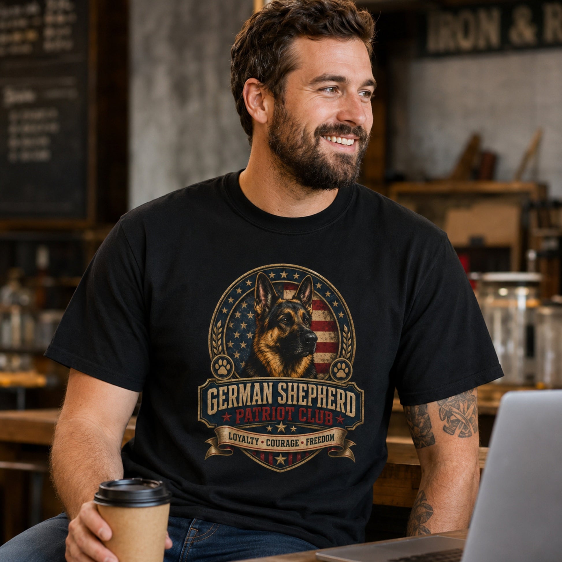 Man wearing a black German Shepherd Patriot Club T-shirt with coffee and laptop in a cafe setting.