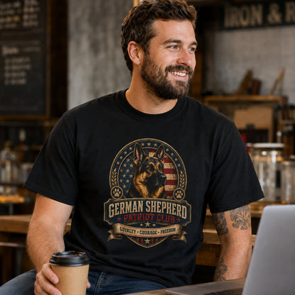 Man wearing a black German Shepherd Patriot Club T-shirt with coffee and laptop in a cafe setting.
