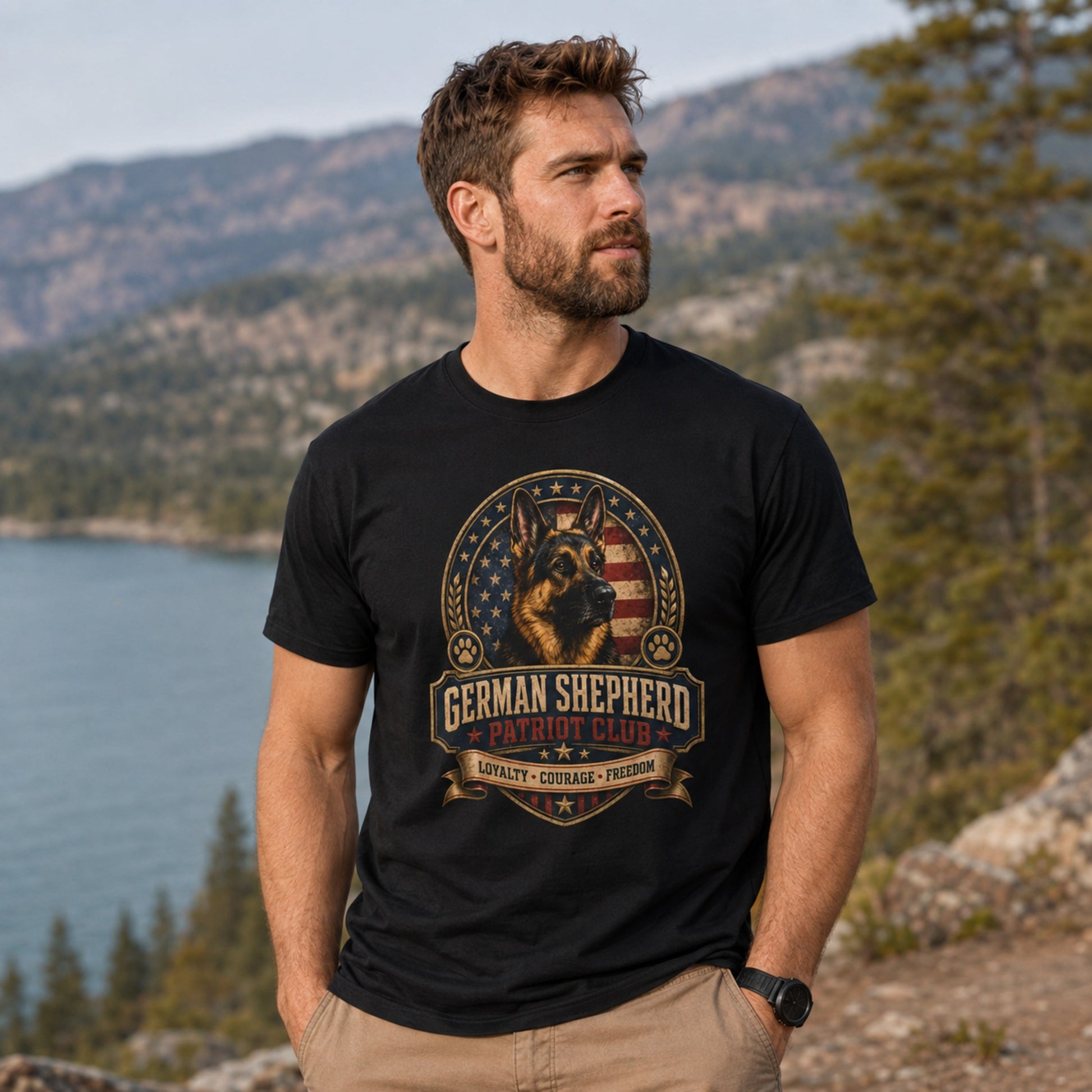 Man wearing a black German Shepherd Patriot Club T-shirt at a lakeside mountain trail.