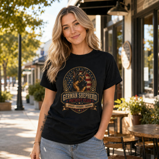 Woman wearing a black German Shepherd Patriot Club T-shirt in an outdoor cafe lifestyle setting.