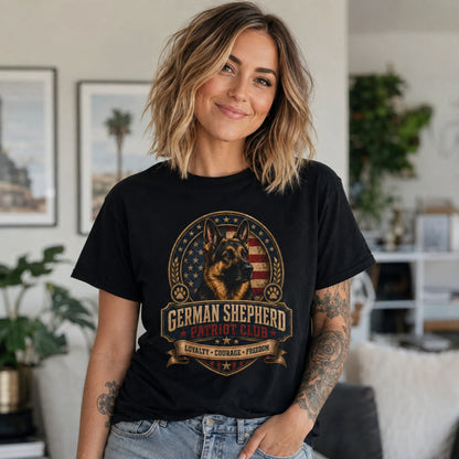 Woman wearing a black German Shepherd Patriot Club T-shirt in a casual indoor home setting.