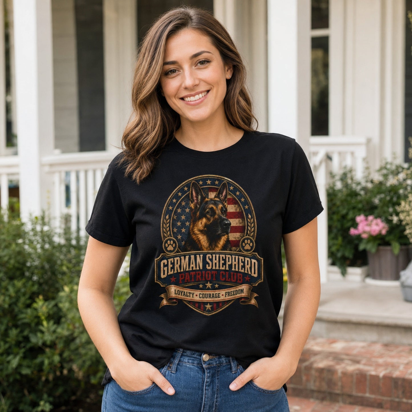 Woman wearing a black German Shepherd Patriot Club T-shirt in a relaxed outdoor porch lifestyle setting.
