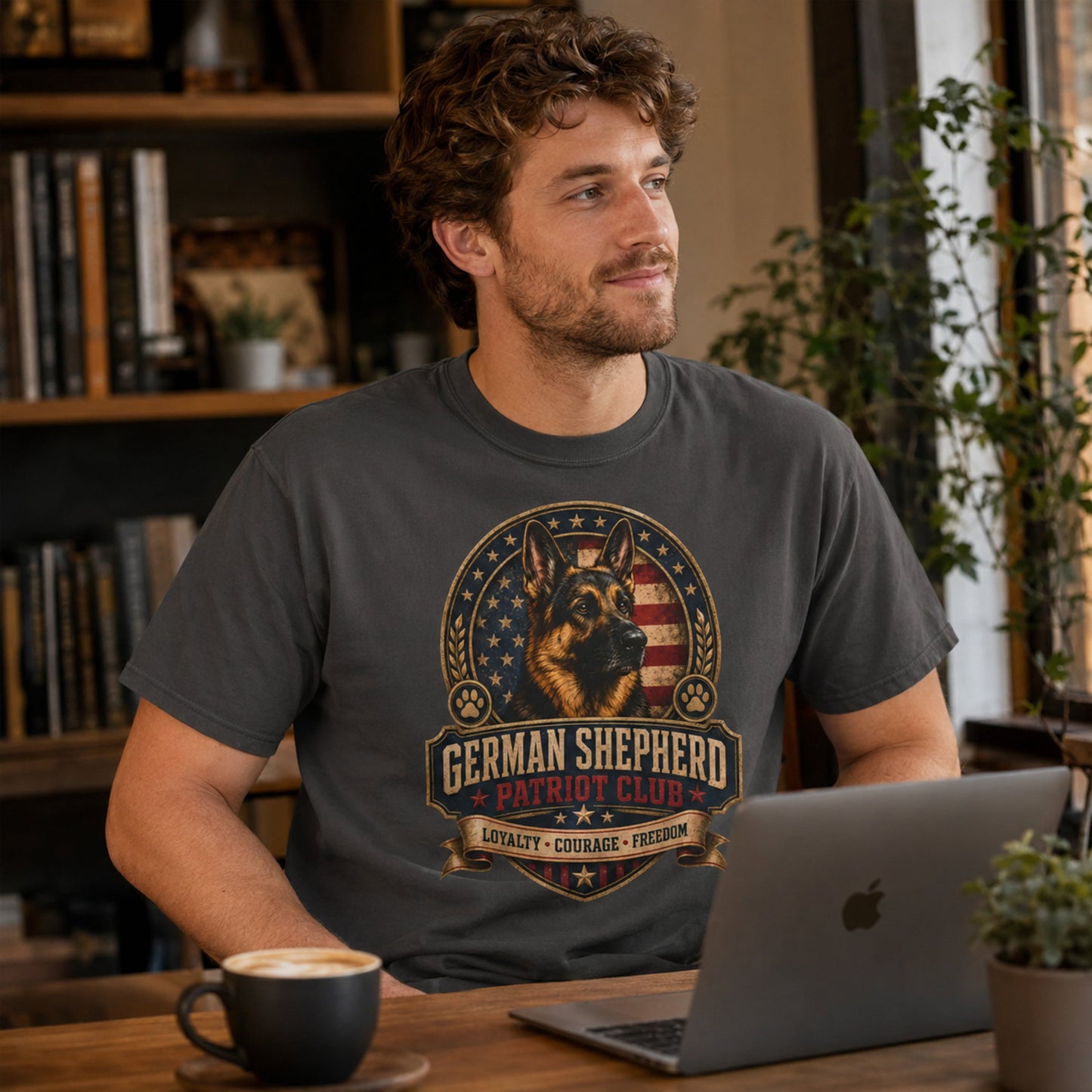 Man wearing a graphite German Shepherd Patriot Club T-shirt with coffee and laptop in a lifestyle setting.