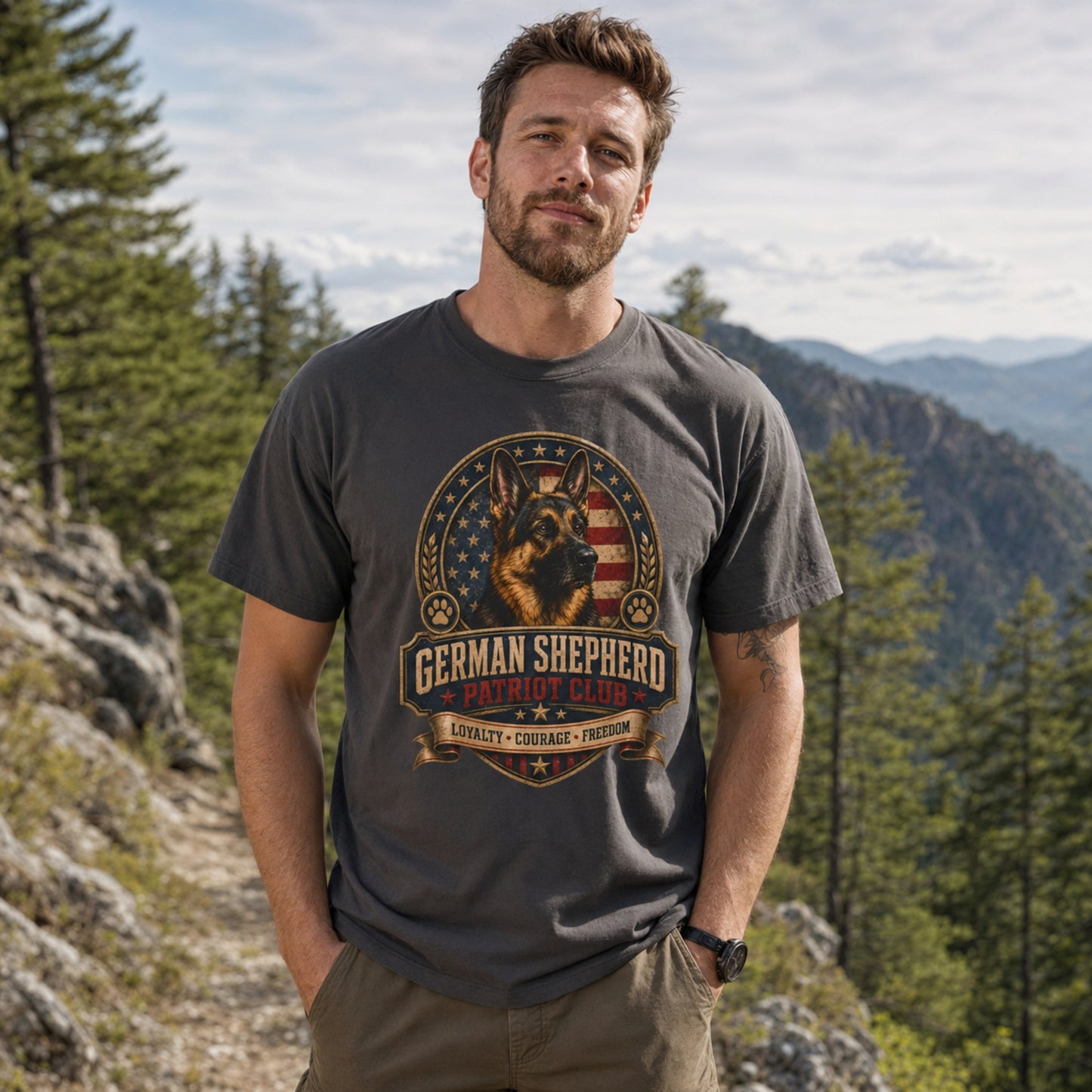 Man wearing a graphite German Shepherd Patriot Club T-shirt on a mountain trail.