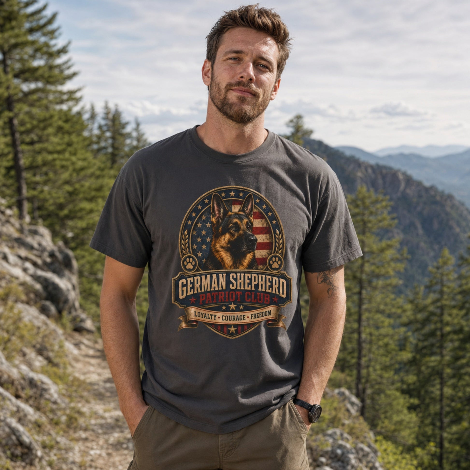 Man wearing a graphite German Shepherd Patriot Club T-shirt on a mountain trail.